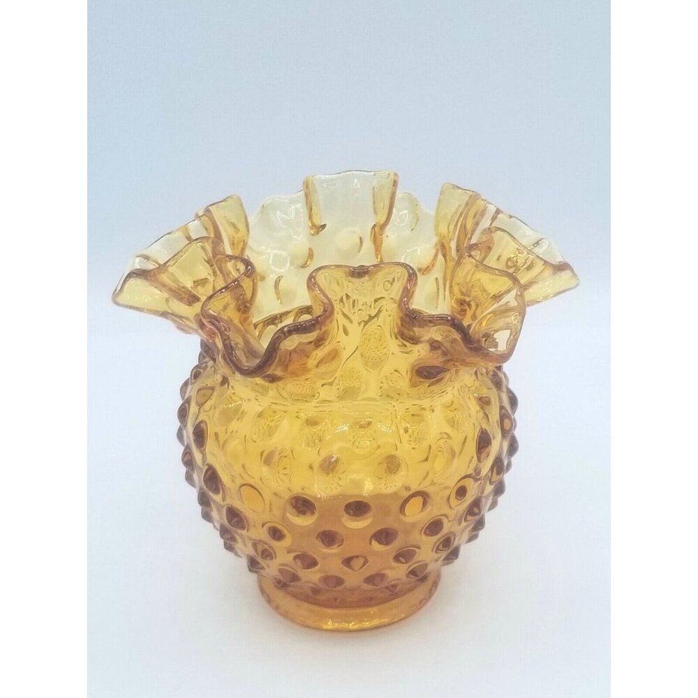 Fenton Amber Hobnail Rose Bowl Bud Vase Ruffled Edge Gold Fall Autumn